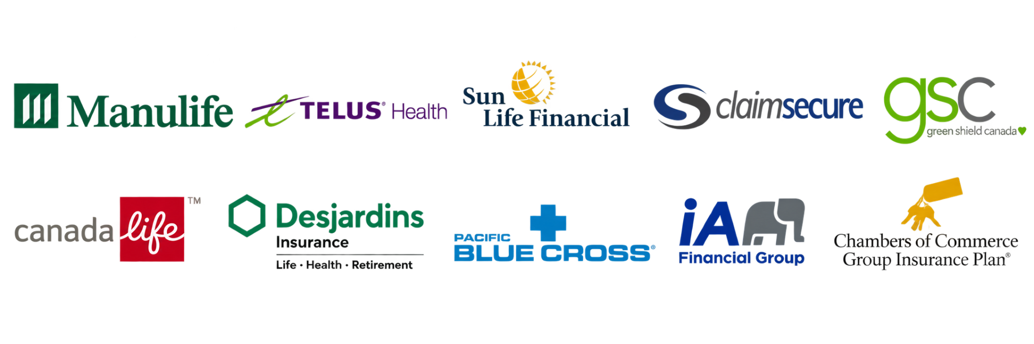 常見保險公司：Manulife、TELUS Health、Sun Life、ClaimSecure、Green Shield、Canada Life、Desjardins、Pacific Blue Cross、iA Financial Group 及 Chambers of Commerce Group Insurance
